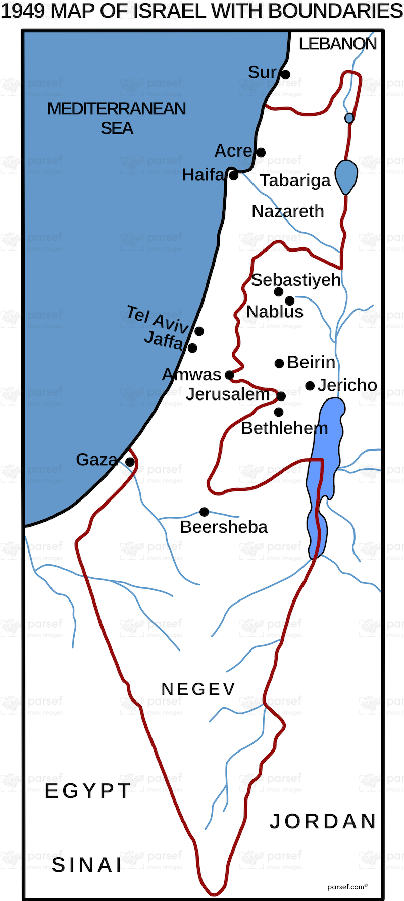 Israel in 1949 With Boundaries Map image