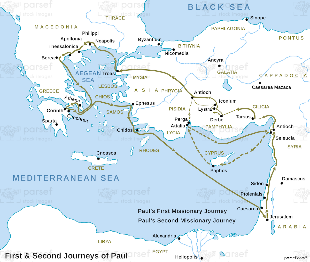Acts First and Second Journeys of Paul Map image