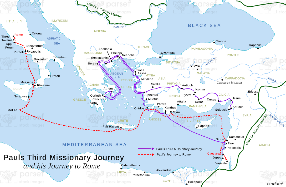 Acts Pauls Third Journey and Rome Map image