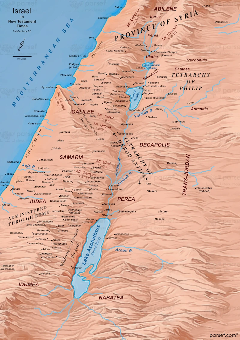 Israel in New Testament Times – 1st Century CE – Topo Color Map – 300Dpi image